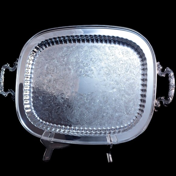 Silver Plated Serving Tray With Intricate Engraving & Handles | Leonard Silver - Picture 1 of 11